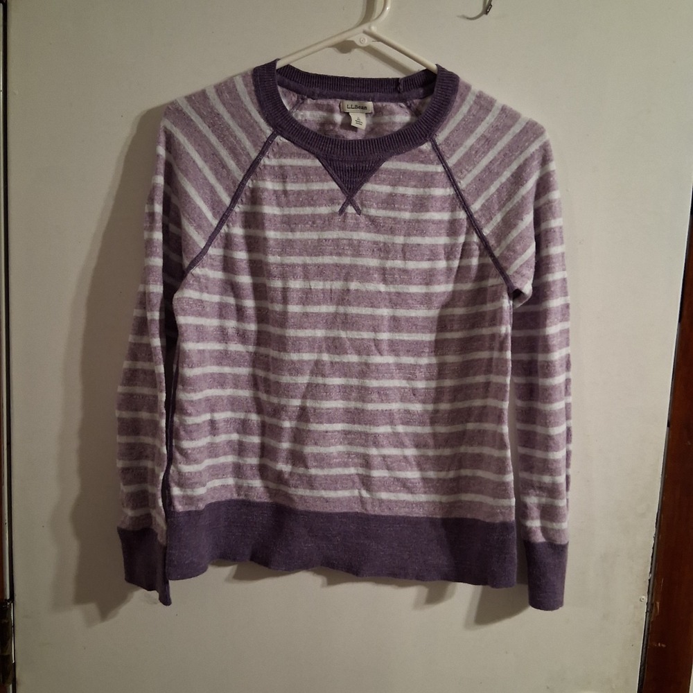 LL‎ Bean Organic Cotton Slub Sweater, Crewneck Striped  Women's Small Purple
